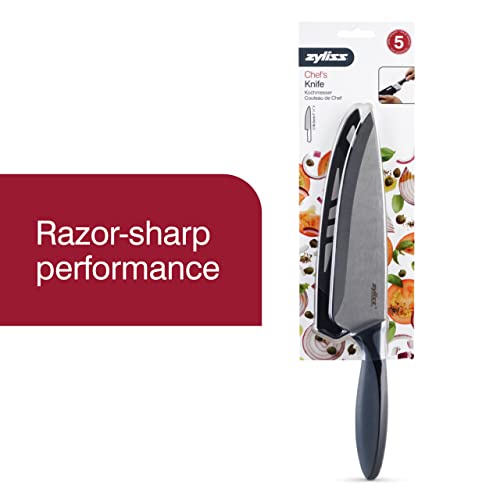 Zyliss Chef's Knife with Sheath Cover - 7.25" Stainless Steel Knife - Black - Travel & Kitchen Knife - Safety Blade Guar