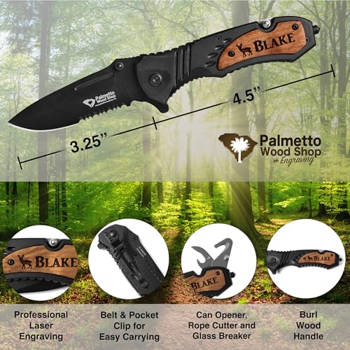 Laser Engraved Palmetto Wood Shop Pocket Knife for Men - Camping and Hunting Essential - |25-inch Blade, |5-inch Black/W
