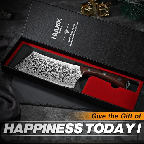 Huusk Meat Cleaver Knife High Carbon Steel Damascus Pattern Hand Forged Chef Knife for Meat Cutting and Vegetable Choppi