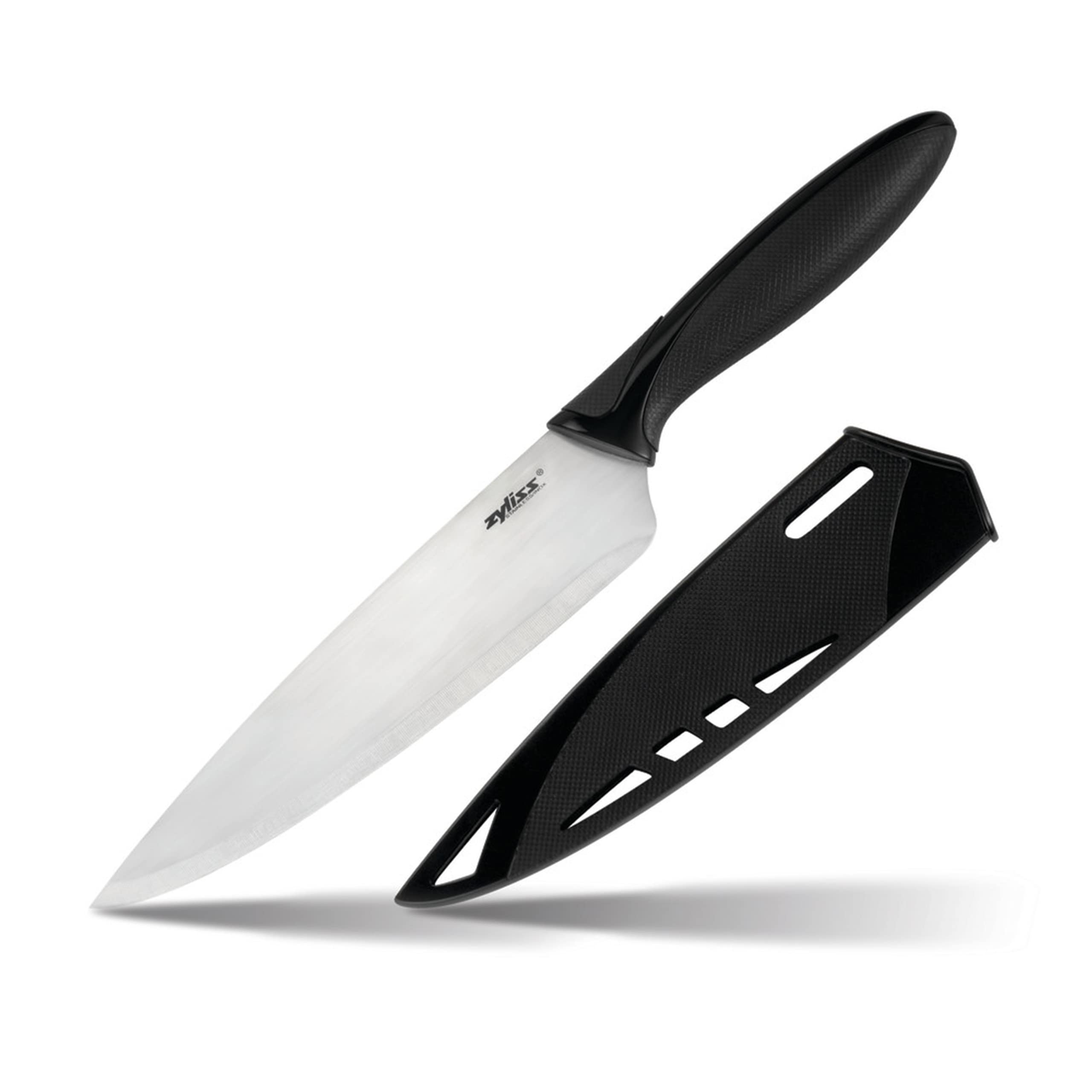 Zyliss Chef's Knife with Sheath Cover - 7.25" Stainless Steel Knife - Black - Travel & Kitchen Knife - Safety Blade Guar