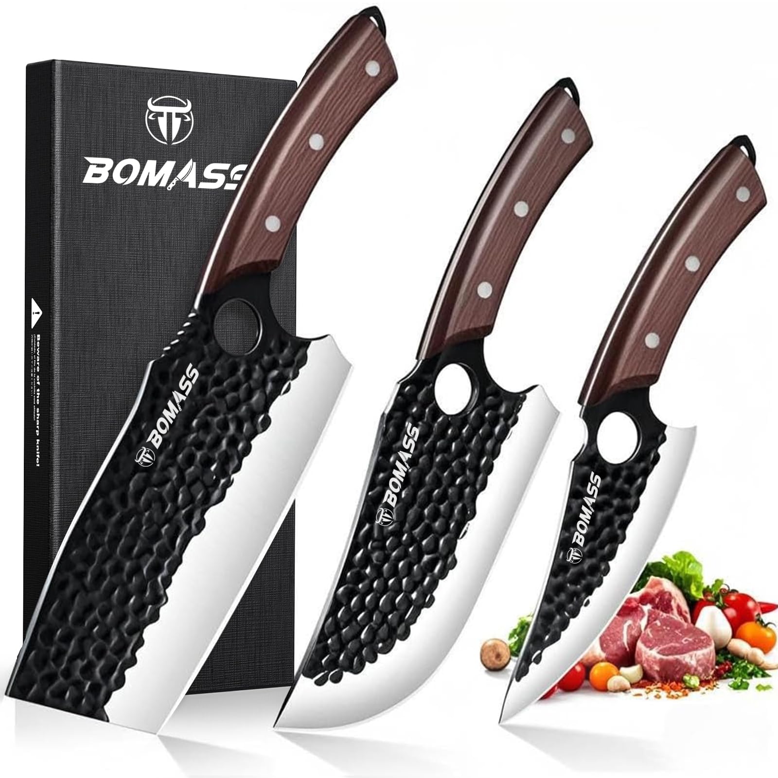 High Carbon Hand Forged Japanese Butcher Knife Set of 3 for Men Outdoor Cooking BBQ Camp Gift