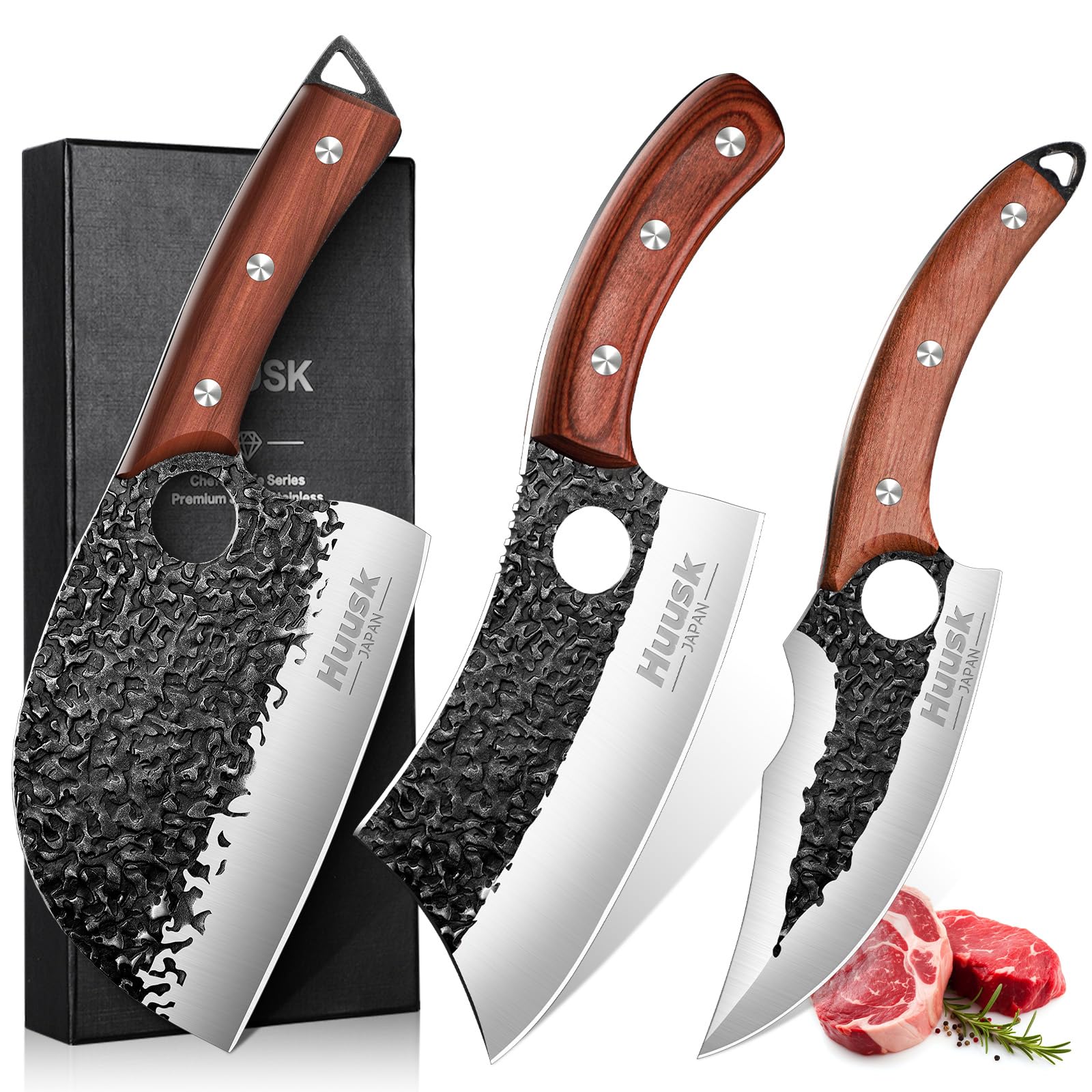 Huusk Hand Forged Serbian Chef Knife, Viking Boning Knife & Cleaver Knife 3PCS Kitchen Knife Set for Meat Cutting, Home 