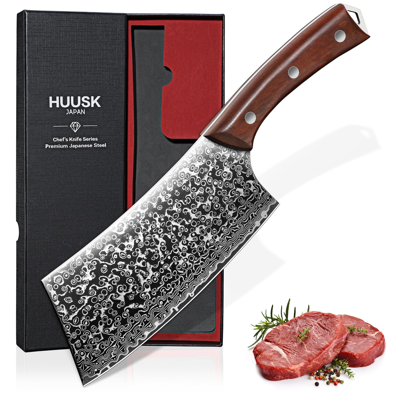 Huusk Meat Cleaver Knife High Carbon Steel Damascus Pattern Hand Forged Chef Knife for Meat Cutting and Vegetable Choppi
